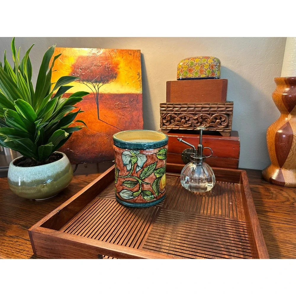 Mexican Ceramic Canister Hand Painted Fruit Leaf Pottery Jar 6in Vintage